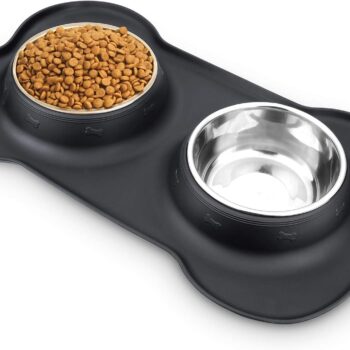 Dog Food Bowls Stainless Steel Dog Bowls, Pet Dog Food Water Bowls No-Spill Non-Skid, Feeding Bowls with Dog Bowl Mat Dog Dishes for Small Medium Size Large Dogs Cats Puppy, Black, 240z