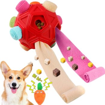 Dog Snuffle Ball-Interactive Puzzle Dog Toys Encourage Natural Foraging Skills Slow Feeder for Training and Stress Relief, Cloth Strip Hiding Food Chew Toys for Any Size Dogs with Squeaky Carrot