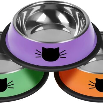 3 Pcs Non-Slip Stainless Steel Small Cat Food Bowls - Unbreakable, Thicken, 7 Oz, Suitable for Indoor Small Pets - Removable Rubber Base, Easily Clean, Lovely Color