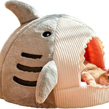 Cat Mat Shark-Shaped Kennel Kitten Bed Hideout House Warm Soft Comfortable Semi-Closed Cat Dog Nest Grey Small