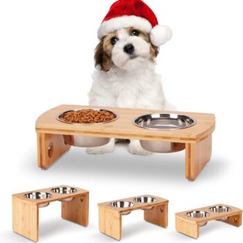 Elevated Dog Bowls, Bamboo Raised Dog Bowl for Small Dogs & Cats, with 2 Stainless Steel Bowls (4'' Tall-20oz Bowl, Natural)
