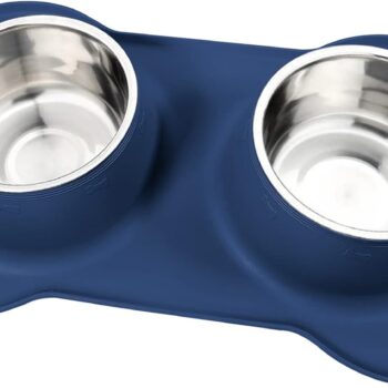 Dog Food Bowls Stainless Steel Dog Food & Water Bowl Set with No Spill No Slip Silicone Mat, Dog Dishes for Small Medium Size Dogs Pet Cat Puppy Food Feeding Bowls, Blue, 24oz, 3 Cup