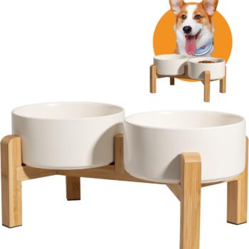 Elevated Ceramic Dog Bowl Set - Raised Dog Bowls with Non-Slip Bamboo Stand - Dog Food and Water Bowl Set - Double Dog Feeding Bowls - Suitable for Small and Medium Dogs - 28.74 OZ - 3.6 CUPS - 850 ML
