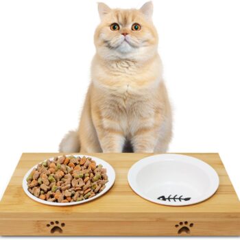 Premium Bamboo Raised Pet Feeder - 15 Degree Elevated Cat & Small Dog Bowls with 2 Ceramic Dishes, Non-Slip Base & 8 Silicone Pads, Eco-Friendly Ergonomic Food Stand for Kittens/Puppies