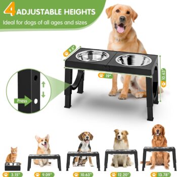 Elevated Dog Bowls Large Breed  Raised Dogs Bowl Stand Large/Medium Sized Dog 1L Food Water Bowl Stands 5 Heights Adjustable 9/11/12/14in Black Pet Feeder Dish Station