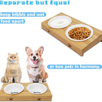 Premium Bamboo Raised Pet Feeder - 15 Degree Elevated Cat & Small Dog Bowls with 2 Ceramic Dishes, Non-Slip Base & 8 Silicone Pads, Eco-Friendly Ergonomic Food Stand for Kittens/Puppies