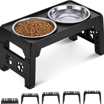 Elevated Dog Bowls, Raised Dog Bowl with 2 Stainless Steel Dog Food Bowls, Dog Bowls Stand Adjusts to 5 Heights 2.95", 8.46", 9.65", 10.82", 12.01" for Small Medium Large Dogs Cats Pets,Black