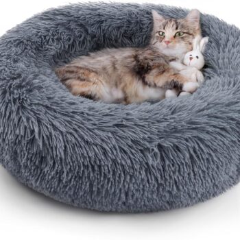 Cat Beds for Indoor Cats, 20 inches Cat Bed Machine Washable, Fluffy Round Pet Bed Non-Slip, Calming Soft Plush Donut Cuddler Cushion Self Warming for Small Dogs Kittens, Dark Grey, Medium