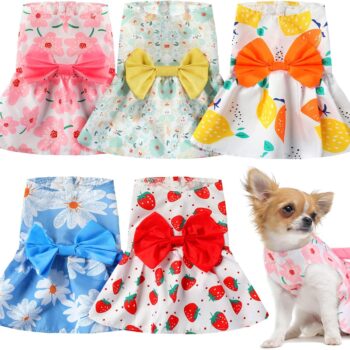 5 Pieces Dog Clothes Girl Dog Dresses Small Floral Puppy Dresses Pet Cat Princess Bowknot Clothes Cute Puppy Summer Outfits for Yorkie Female Cat Small Pets, 5 Styles(Cute Style,X-Small)