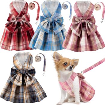 4 Pcs Cute Plaid Dog Dress Set with Bow Tie Harness & Leash for Small Dogs, Puppy Clothes for Girls Summer Outfits(M,Dark Color)
