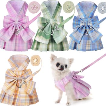 4 Pcs Cute Plaid Dog Dress Set with Bow Tie Harness & Leash for Small Dogs, Puppy Clothes for Girls Summer Outfits(M,Light Color)